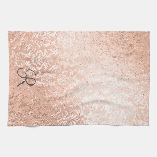 Mit Monogramm Rose Gold Damask Geschirrtuch (Horizontal)