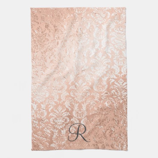 Mit Monogramm Rose Gold Damask Geschirrtuch (Vertikal)