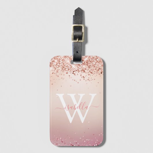 Mit Monogramm Rose Gold Glitzer Eleganter Skriptna Gepäckanhänger (Vorderseite Vertikal)