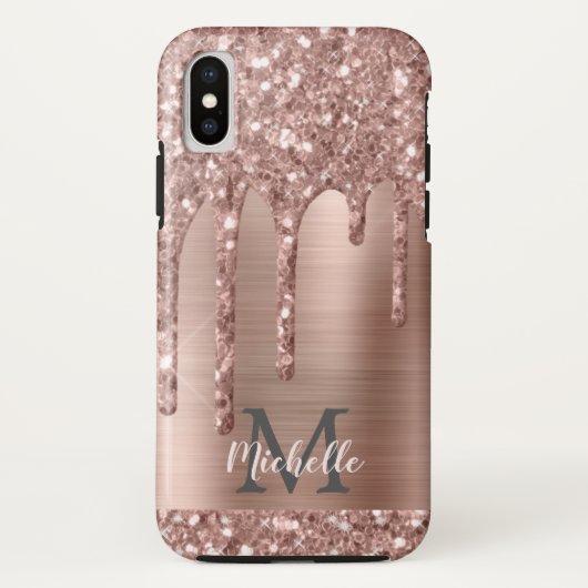 Mit Monogramm Rose Gold Glitzer Tropfen auf rosa M Case-Mate iPhone Hülle (Rückseite)