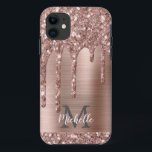 Mit Monogramm Rose Gold Glitzer Tropfen auf rosa M Case-Mate iPhone Hülle<br><div class="desc">Moderne,  mädchenhafte Rose Gold Glitzer Tropfen Name und mit Monogramm iPhone Gehäuse. Dieses Design verfügt über rot rosa Rosa Gold Glitzer funkelnde Tropfen auf rosa gebürstetem Metall Hintergrund mit benutzerdefinierten personalisierten Monogramm Initial-und Vorname Text Vorlage. Perfektes weibliches Geschenk. Wenn Sie Hilfe oder passende Artikel benötigen,  kontaktieren Sie mich bitte.</div>