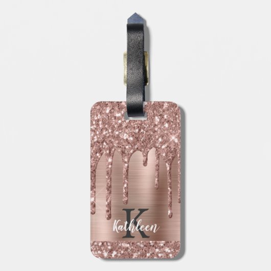 Mit Monogramm Rose Gold Glitzer Tropfen auf rosa M Gepäckanhänger (Rückseite vertikal)