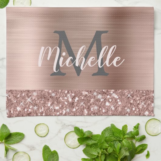Mit Monogramm Rose Gold Glitzer Tropfen auf rosa M Geschirrtuch (Gefaltet)