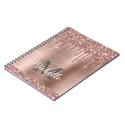 Mit Monogramm Rose Gold Glitzer Tropfen auf rosa M Notizblock (Linke Seite)