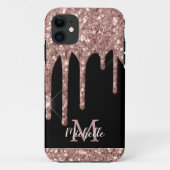 Mit Monogramm Rose Gold Glitzer Tropfen auf Schwar Case-Mate iPhone Hülle (Rückseite)