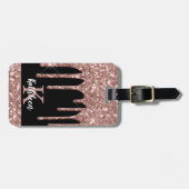 Mit Monogramm Rose Gold Glitzer Tropfen auf Schwar Gepäckanhänger (Vorderseite horizontal)