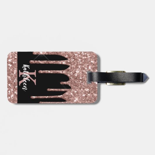 Mit Monogramm Rose Gold Glitzer Tropfen auf Schwar Gepäckanhänger (Rückseite horizontal)