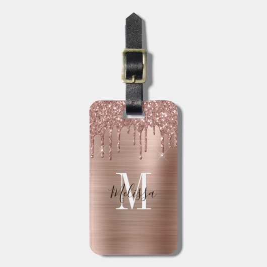 Mit Monogramm Rose Gold Glitzer Tropfen Bürstenmet Gepäckanhänger (Vorderseite vertikal)