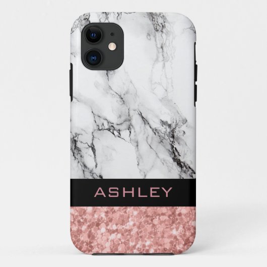 Mit Monogramm Rose Gold Glitzer und weißer Marmor Case-Mate iPhone Hülle (Rückseite)