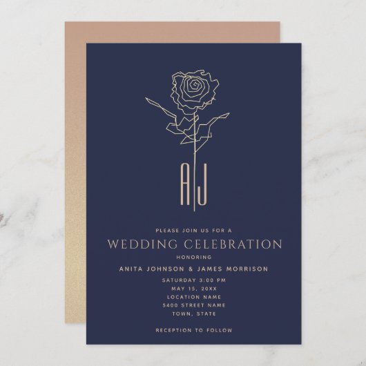 Mit Monogramm Rose Gold Navy Blue Wedding Einladung (Vorne/Hinten)
