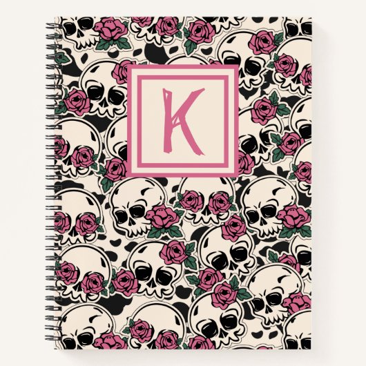 Mit Monogramm Rose Skull Grunge Notebook Notizblock (Vorderseite)