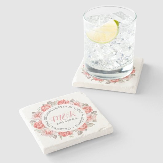 Mit Monogramm Rosenvorlage für die Hochzeit Steinuntersetzer (Seitenansicht)