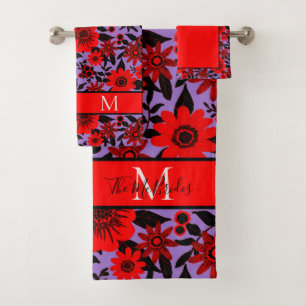 Mit Monogramm Rot, Schwarz und Lila Dschungel Badhandtuch Set