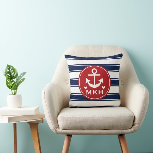 Mit Monogramm Rot-und Marine-Blau-Anker Kissen (Stuhl )