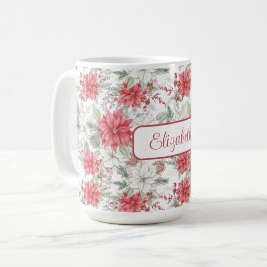 Mit Monogramm Rot- und Weißpoinsettias Kaffeetasse (Vorderseite Links)