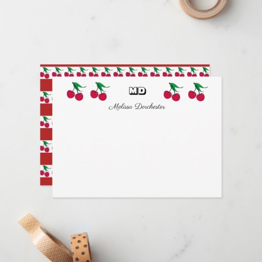 Mit Monogramm Rote Kirsche Mitteilungskarte (Vorderseite/Rückseite Beispiel)