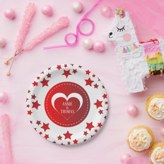 Mit Monogramm Rote Sterne und Herz Pappteller (Party)