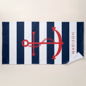 Mit Monogramm roter Anker auf Marinestreifen Strandtuch (Vorderseite)