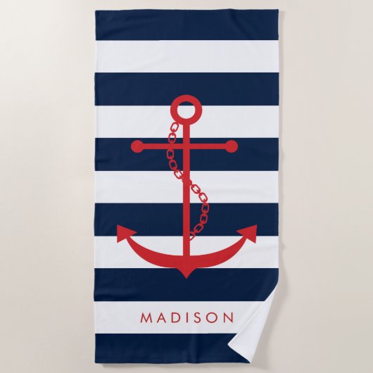 Mit Monogramm roter Anker auf Marinestreifen Strandtuch (Vorderseite)