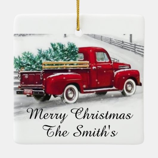 Mit Monogramm roter LKW Weihnachten Akryler Orname Keramikornament (Rückseite)