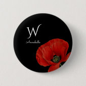 Mit Monogramm roter Mohn auf Black Simple Button (Vorderseite)