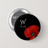 Mit Monogramm roter Mohn auf Black Simple Button (Vorne & Hinten)