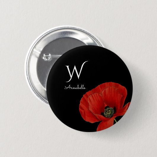 Mit Monogramm roter Mohn auf Black Simple Button (Vorne & Hinten)