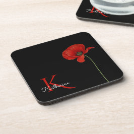 Mit Monogramm roter Mohn auf schwarz Getränkeuntersetzer