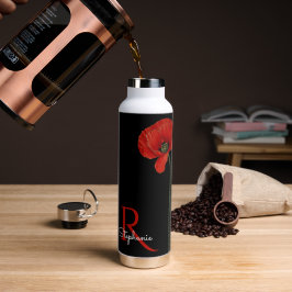 Mit Monogramm roter Mohn auf schwarz Trinkflasche