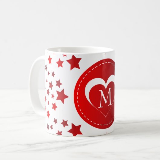 Mit Monogramm Rotes Herz und Sterne Kaffeetasse (Vorderseite Links)