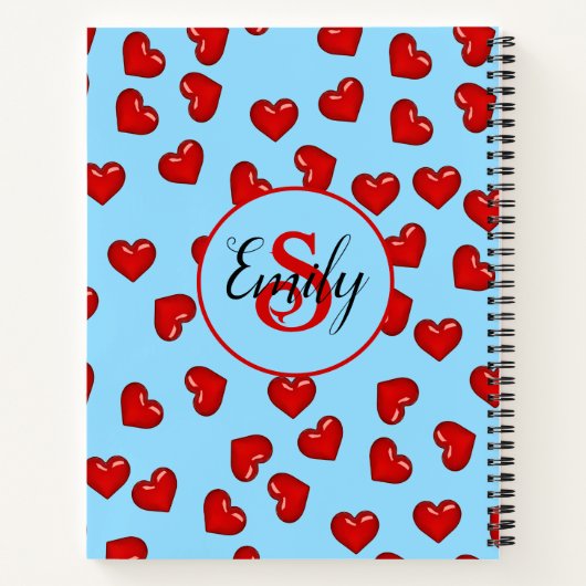 mit Monogramm Rotes Herzmuster auf Aquablau Notizblock (Rückseite)