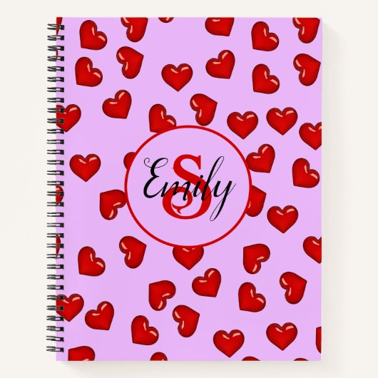 mit Monogramm Rotes Herzmuster auf lila Muster Notizblock (Vorderseite)