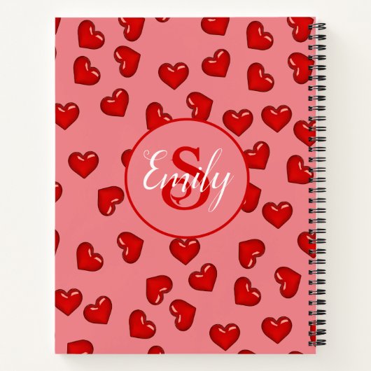 mit Monogramm rotes Herzmuster auf Rosa Notizblock (Rückseite)