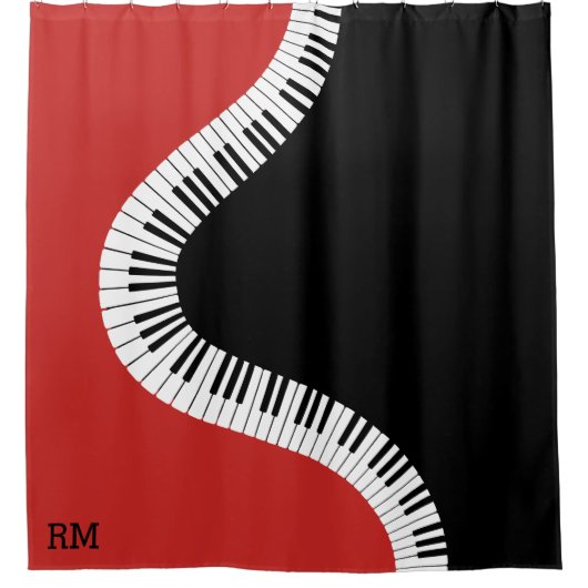 Mit Monogramm, rotes und schwarzes Klavierdesign Duschvorhang (Vorderseite)