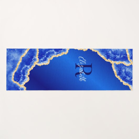 Mit Monogramm Royal Blue und Gold Marble Agate Yogamatte (Vorderseite (Horizontal))