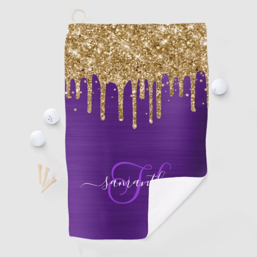 Mit Monogramm Royal Lila Gold Driving Glitzer Golfhandtuch (Insitu)