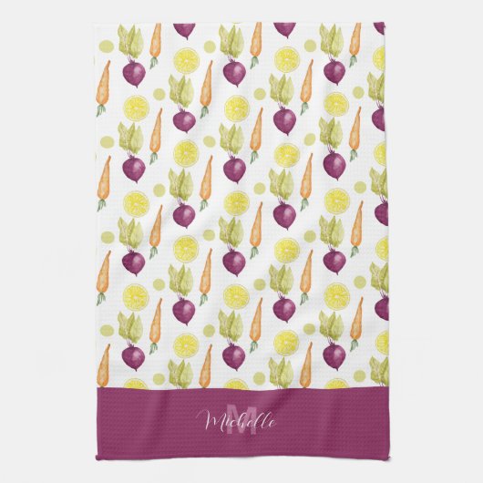 Mit Monogramm Rüben Lemon and Carroons Wasserfarbe Geschirrtuch (Vertikal)