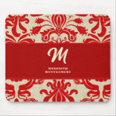 Mit Monogramm Ruby Red Damask Wirbel Mousepad (Vorne)