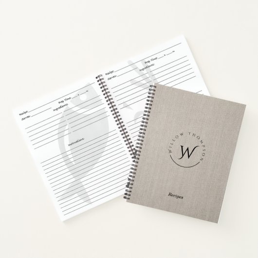 Mit Monogramm rustikale Beige-Leinen-Skriptrezepte Notizblock (Innenseite)