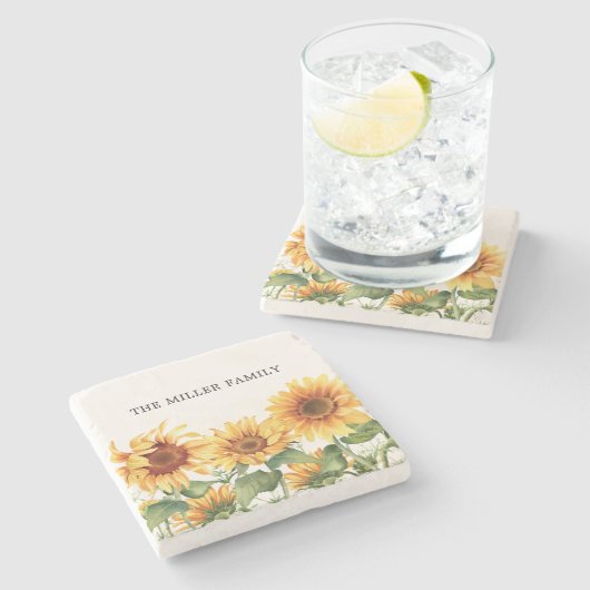 Mit Monogramm rustikaler Gelbblütengarten Steinuntersetzer (Seitenansicht)