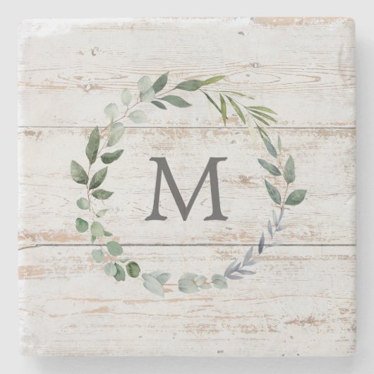 Mit Monogramm Rustikaler Green-Sage-Leaf Steinuntersetzer (Vorderseite)