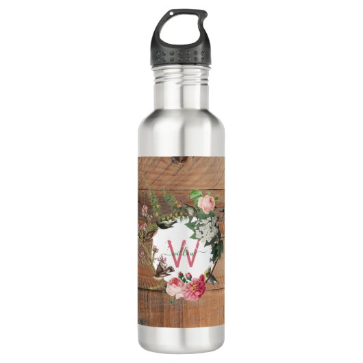 Mit Monogramm Rustikales Holz Vintage Blume Edelstahlflasche (Vorderseite)