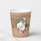 Mit Monogramm Rustikales Holz Vintage Blume Pappbecher (Rückseite)