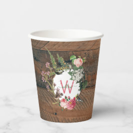 Mit Monogramm Rustikales Holz Vintage Blume Pappbecher