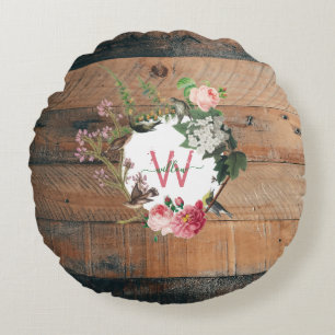 Mit Monogramm Rustikales Holz Vintage Blume Rundes Kissen
