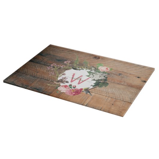 Mit Monogramm Rustikales Holz Vintage Blume Schneidebrett (Ecke)
