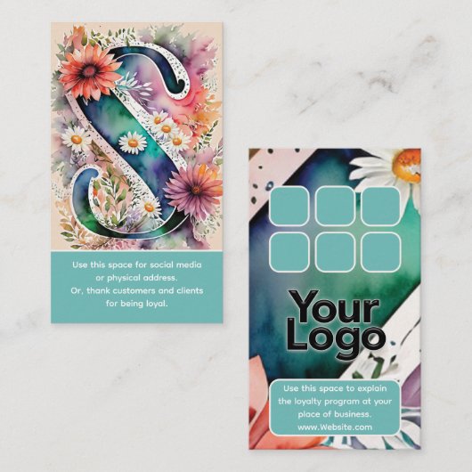 Mit Monogramm S Daisy-Floral-Wasserfarben-Logo Visitenkarte (Vorne/Hinten)