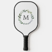 Mit Monogramm Sage Green Blätter Grünfläche Kranz Pickleball Schläger (Rückseite)