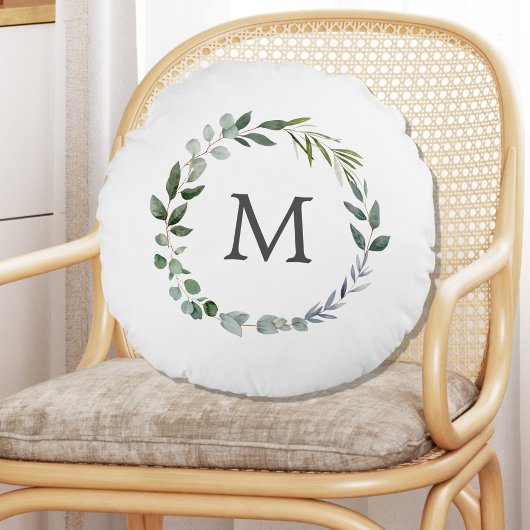 Mit Monogramm Sage Green Blätter Grünfläche Kranz Rundes Kissen