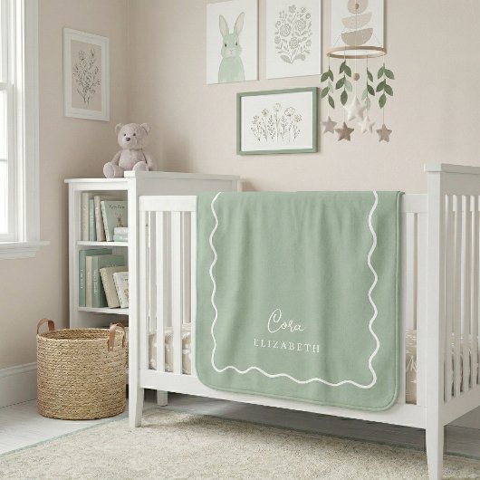 Mit Monogramm Sage Green Wavy Border Sherpadecke